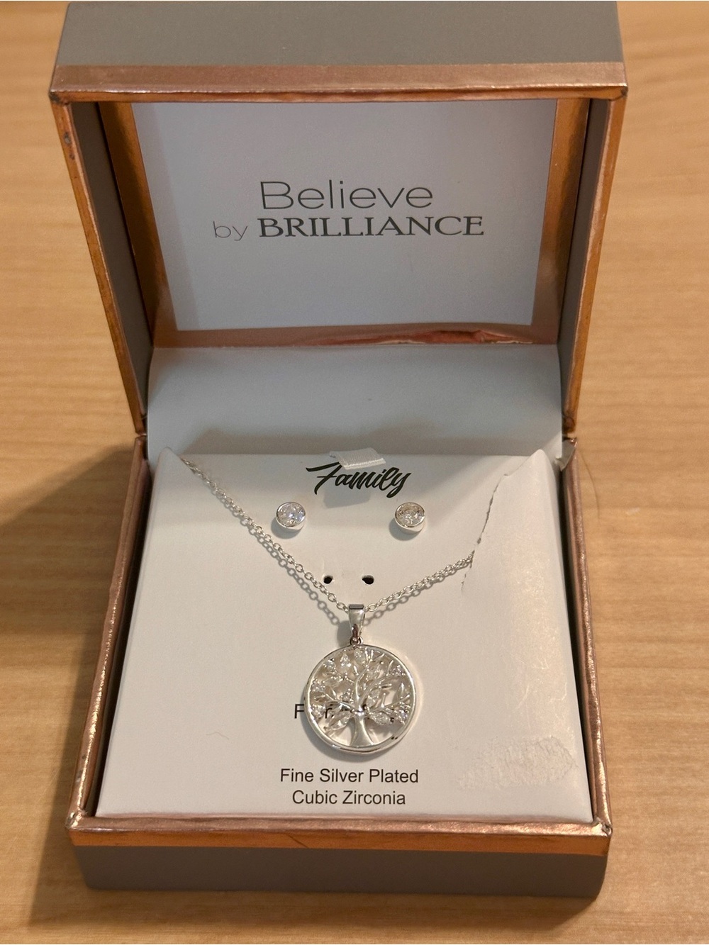 Silver-Plated Tree of Life Pendant Necklace with Cubic Zirconia Studs - Silver